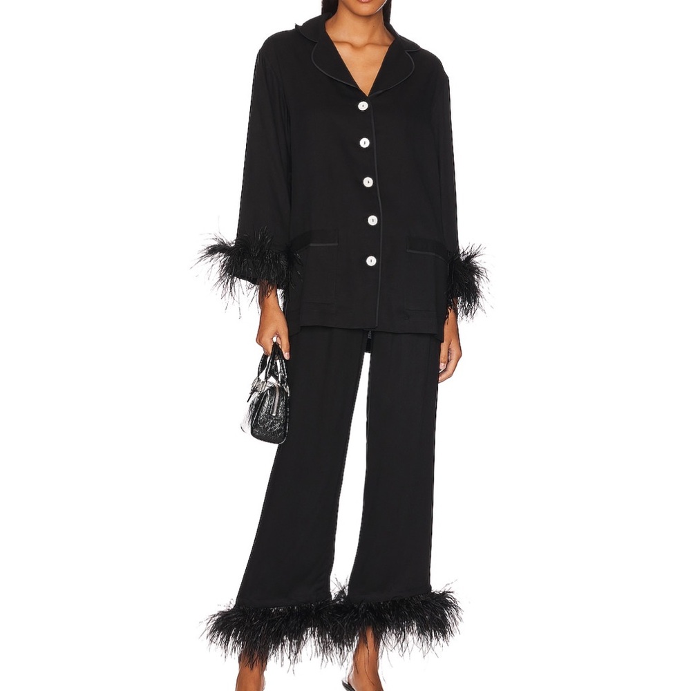 Sleeper Party Pajama Set with Double Feathers in Black Women’s Size Large